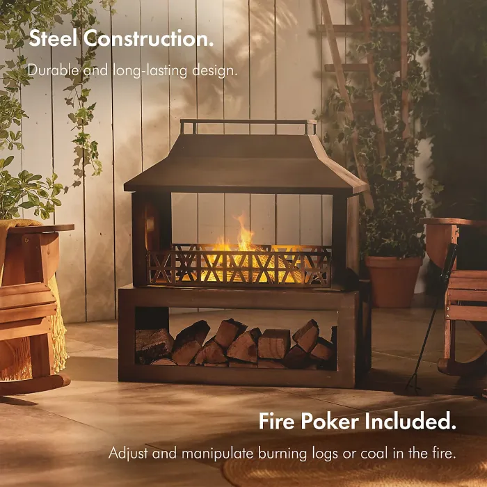 VonHaus Outdoor Fireplace, Steel Fire Pit w/ Log Store for Garden Patio w/ Brushed Geometric Design, Fuel w/ Wood, Logs, Charcoal