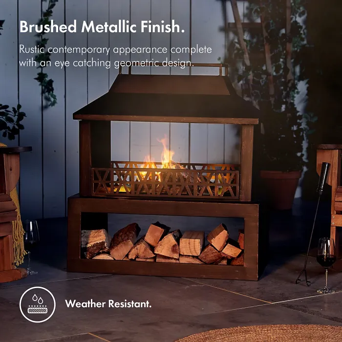 VonHaus Outdoor Fireplace, Steel Fire Pit w/ Log Store for Garden Patio w/ Brushed Geometric Design, Fuel w/ Wood, Logs, Charcoal