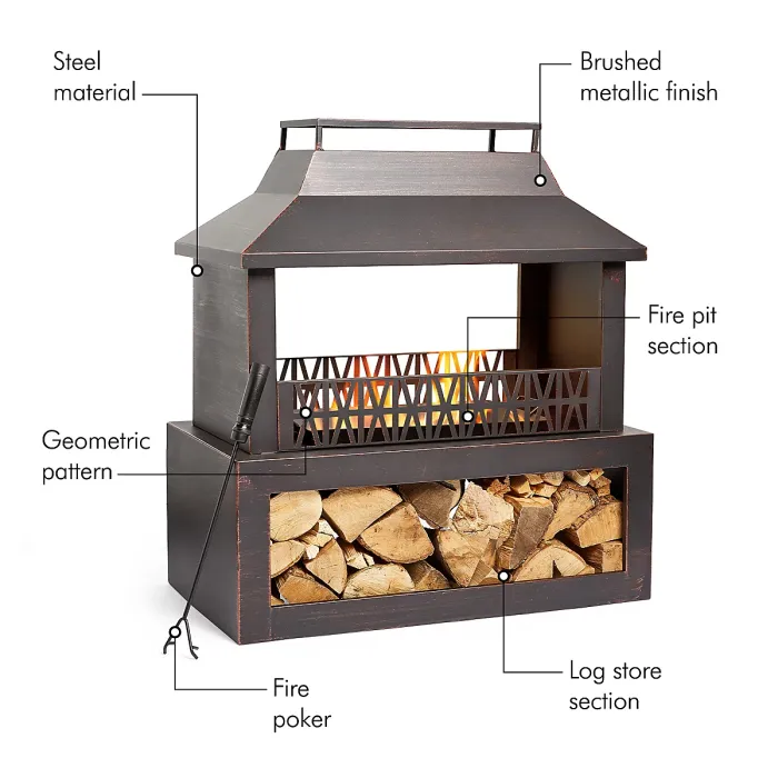 VonHaus Outdoor Fireplace, Steel Fire Pit w/ Log Store for Garden Patio w/ Brushed Geometric Design, Fuel w/ Wood, Logs, Charcoal