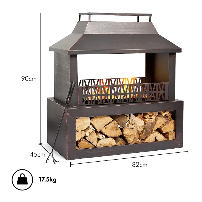 VonHaus Outdoor Fireplace, Steel Fire Pit w/ Log Store for Garden Patio w/ Brushed Geometric Design, Fuel w/ Wood, Logs, Charcoal