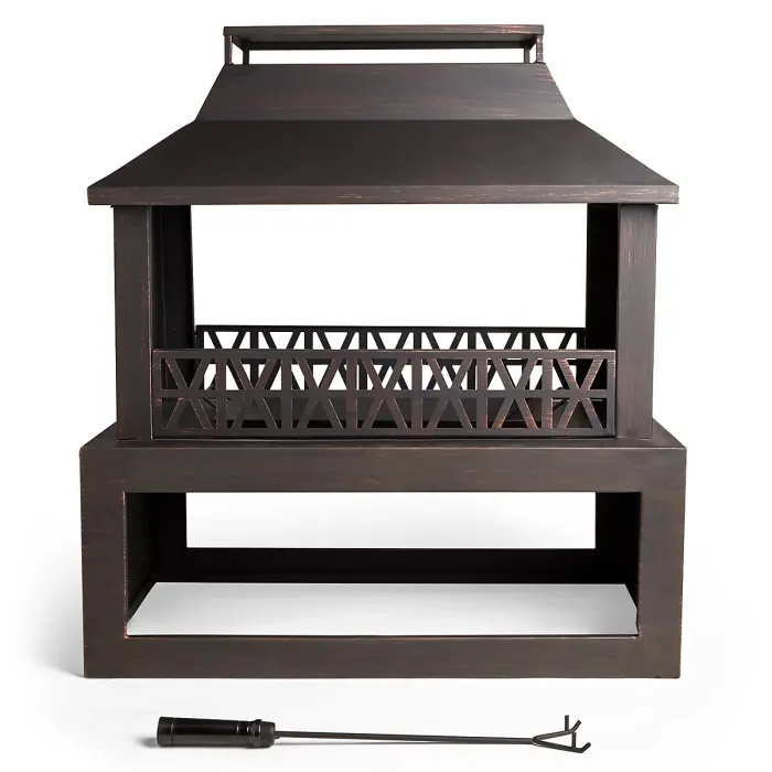 VonHaus Outdoor Fireplace, Steel Fire Pit w/ Log Store for Garden Patio w/ Brushed Geometric Design, Fuel w/ Wood, Logs, Charcoal