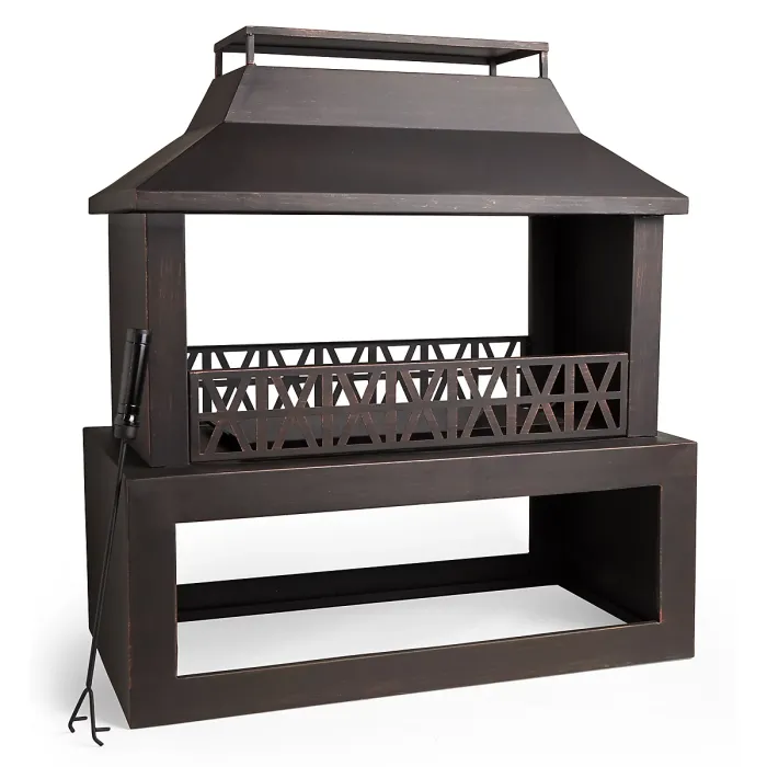 VonHaus Outdoor Fireplace, Steel Fire Pit w/ Log Store for Garden Patio w/ Brushed Geometric Design, Fuel w/ Wood, Logs, Charcoal