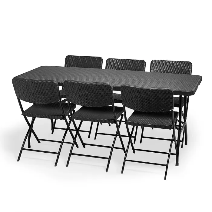 VonHaus Garden Dining Set, Grey 6 Person Rattan Effect Folding Table and Chairs, 6 Seater Dining Set for Patio Decking Balcony