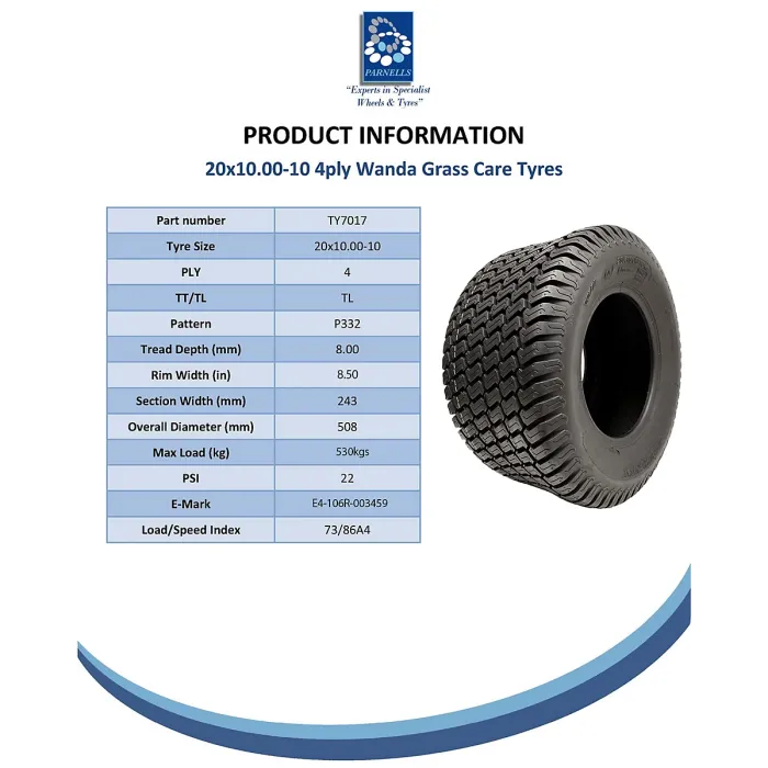 20x10.00-10 Lawnmower Tyres 4-ply Multi Turf Grass P332 Road Legal (Set of 2)