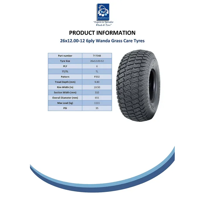 26x12.00-12 lawnmower tyre, 6ply turf, grass - mower tyre - Wanda P332, set of 2