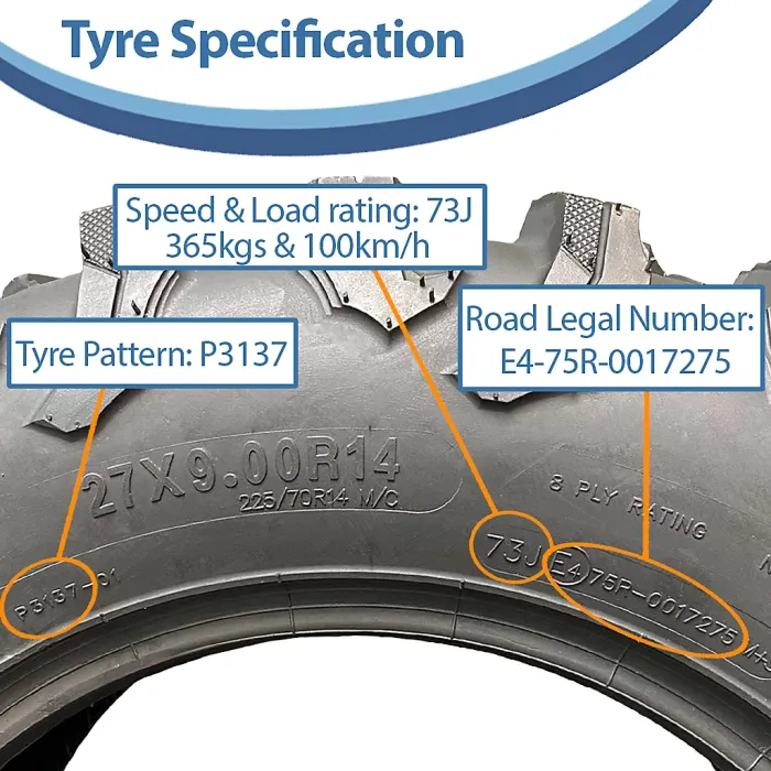 27x9.00R14 ATV Tyre 8ply P3137 OBOR 225/70R14 Outslope 73J Road Legal (Set of 3)