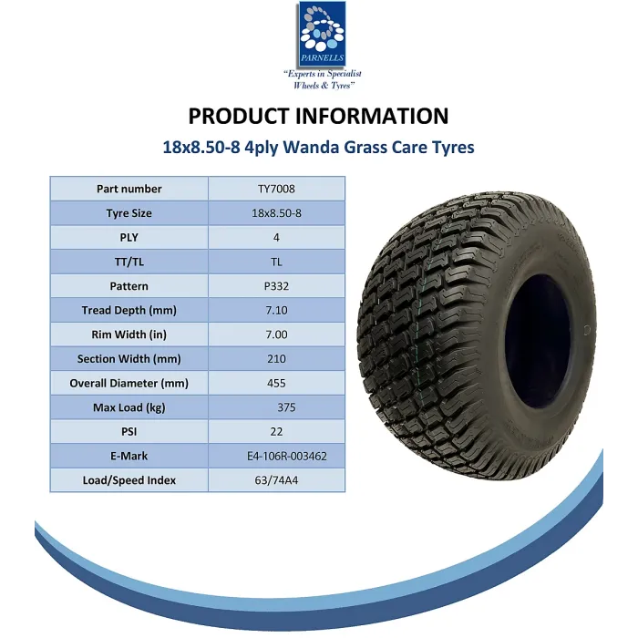 18x8.50-8 Lawnmower Tyre 4ply Multi Turf Grass Wanda P332 Road Legal (Set of 3)