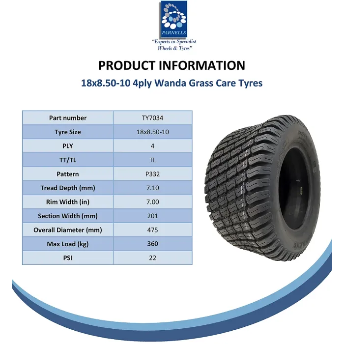18x8.50-10 Lawnmower Tyre 4ply Multi Turf Rear Grass P332 Wanda 360kgs Capacity