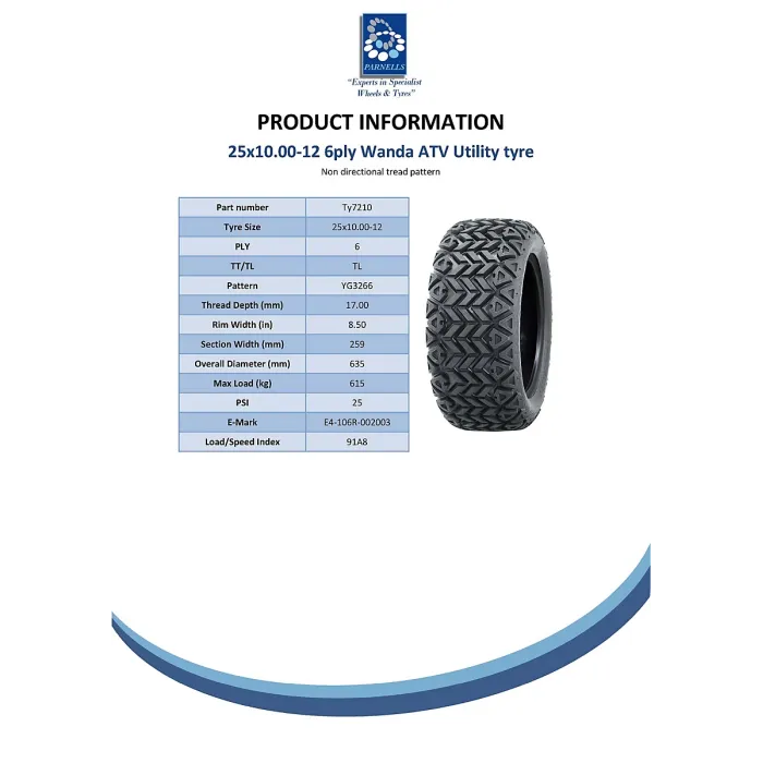 25x10.00-12 Wanda YG3266 6ply E-marked utility tyre 25 10 12 UTV tyre road legal