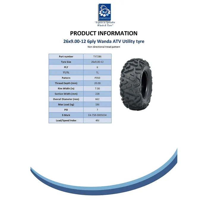 26x9.00-12 ATV tyre 6ply 7psi - Wanda P350 6ply Emarked, road legal, quad tire.