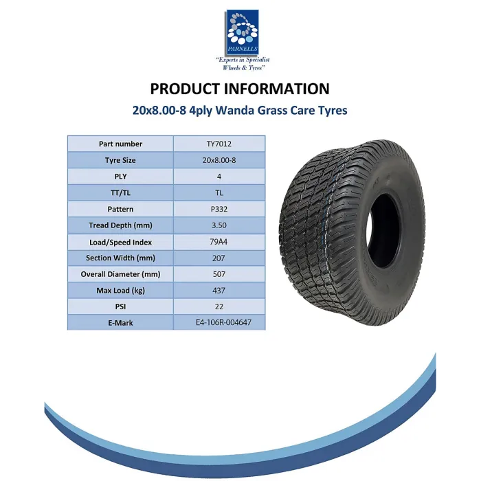 20x8.00-8 Lawnmower Grass Turf Wheel 4ply Wanda P332 Road Legal 100mm PCD 437kgs