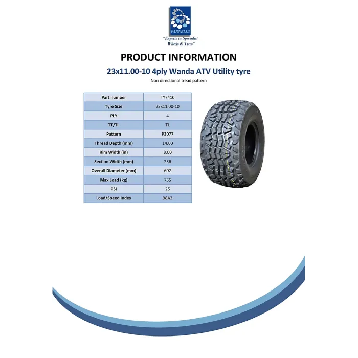 23x11.00-10 quad ATV tyre, Kawasaki Mule Wanda P3077, 23x11-10 4ply Utility tire