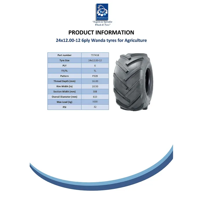 24x12.00-12 tractor tyre, open centre, 6ply Wanda P328, ride on commercial mower