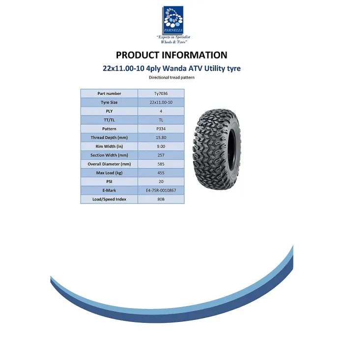 22x11.00-10 utility tyre, grass care, mower, ATV tyre, 4ply tyres - Wanda P334.
