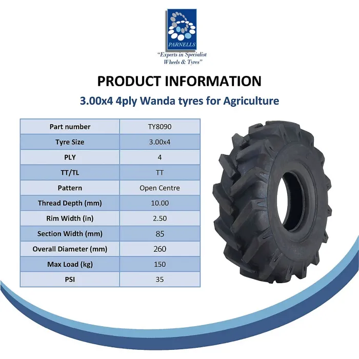 3.00x4 Open Centre Cleated Rotovator Lug Ind Plant Tyre 25mm Roller Bearing Rim