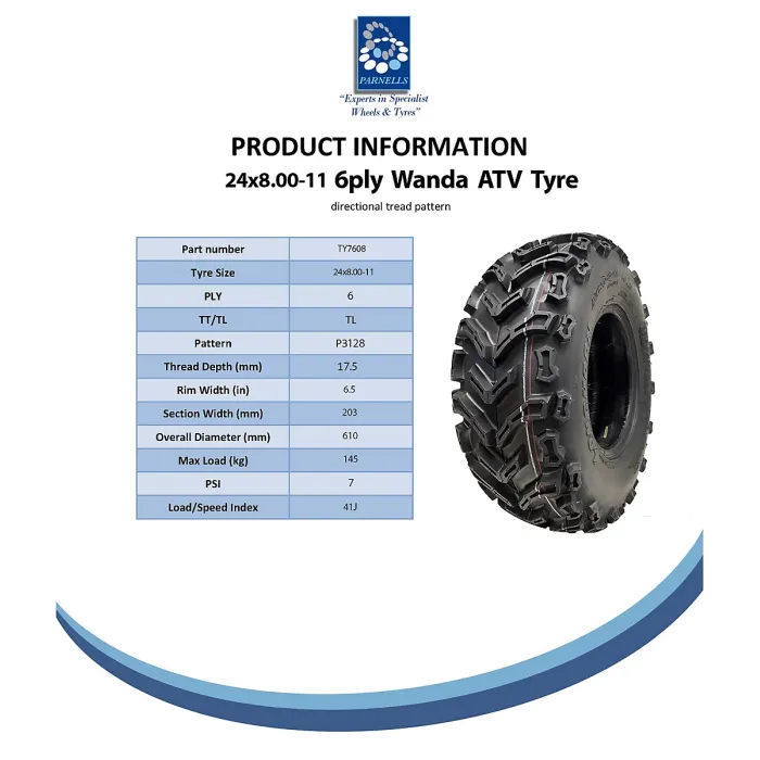 24x8.00-11 Quad ATV Tyres 6ply Wanda E-Marked Road Legal Tubeless 41J (Set of 2)