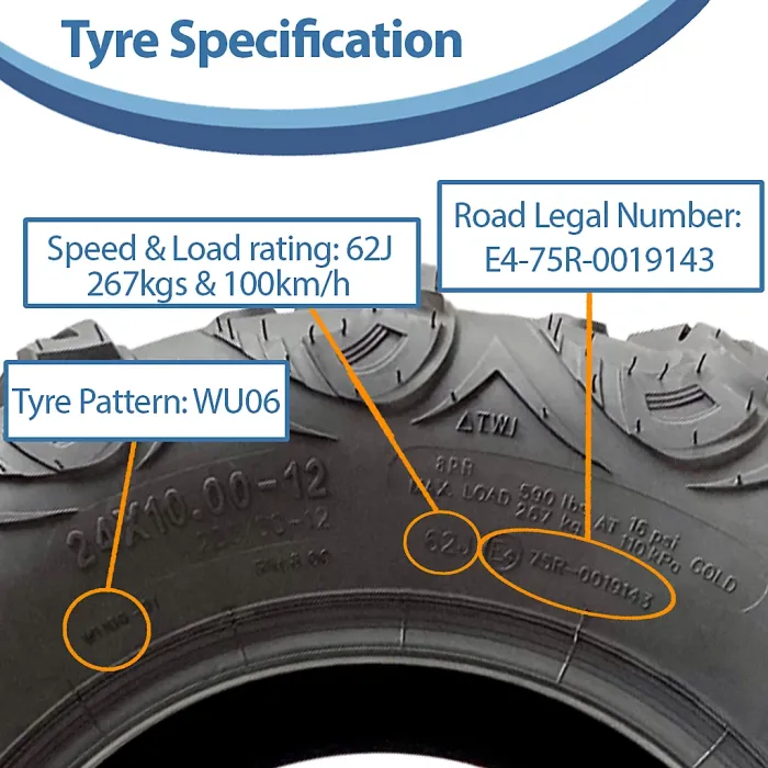 24x10.00-12 ATV Quad Tyre OBOR Mudsling WU06 Tubeless E-Marked Road Legal 267kgs