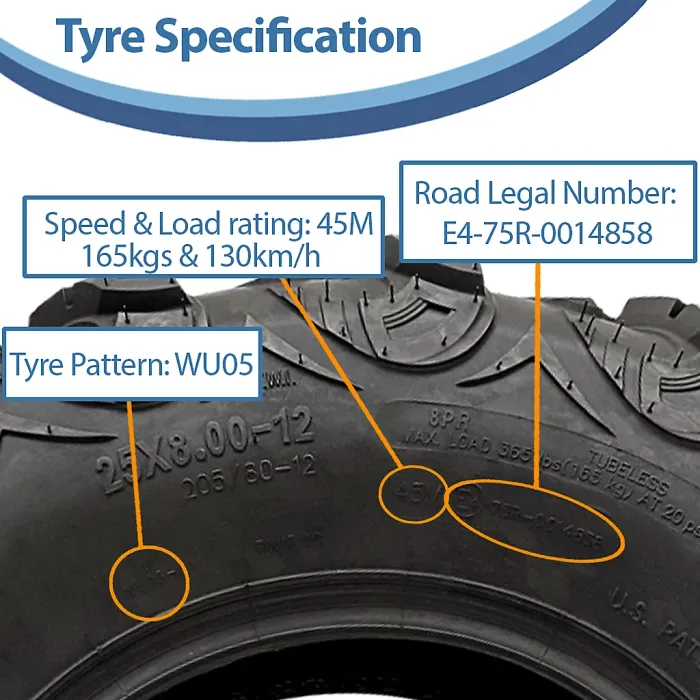25x8.00-12 ATV Quad Tyre OBOR Mudsling WU05 E-Marked Road Legal 165kg (Set of 3)