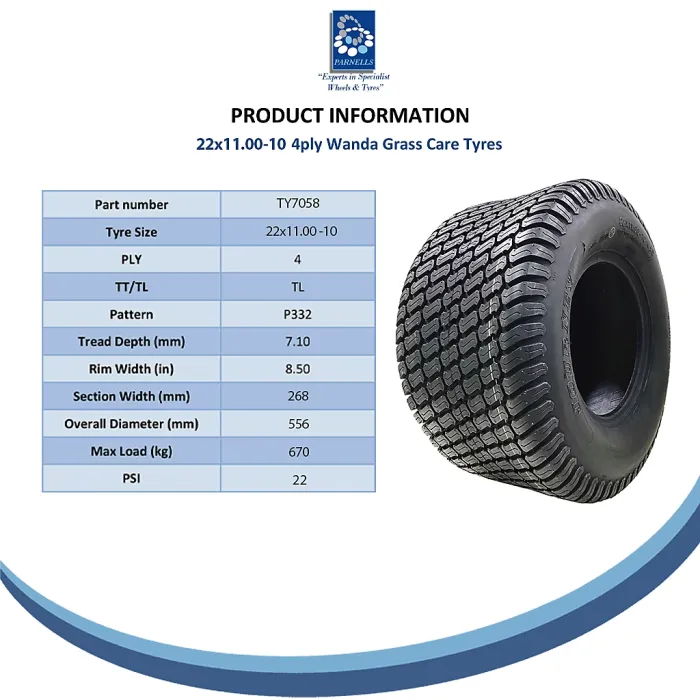 22x11.00-10 Lawnmower Tyre 4ply Multi Turf Grass Wanda P332 670kgs Off Road Use