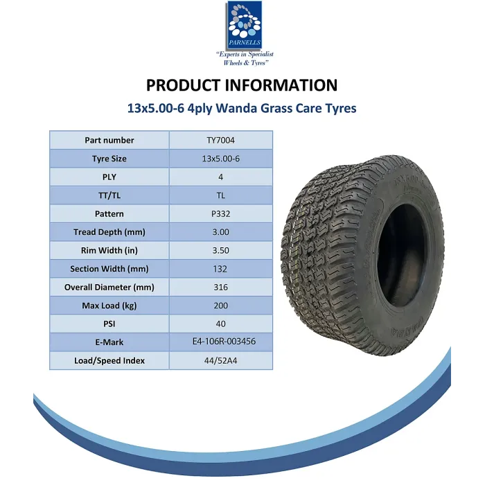 13x5.00-6 Grass Lawnmower Tyres & Rims Wanda P332, 20mm 6304 Bearings (Set of 2)