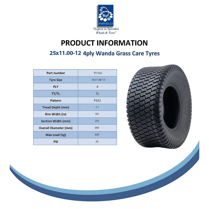 25x11.00-12 Lawnmower Tyre 4ply Turf Grass P332 Wanda (Journey) 828kg (Set of 3)
