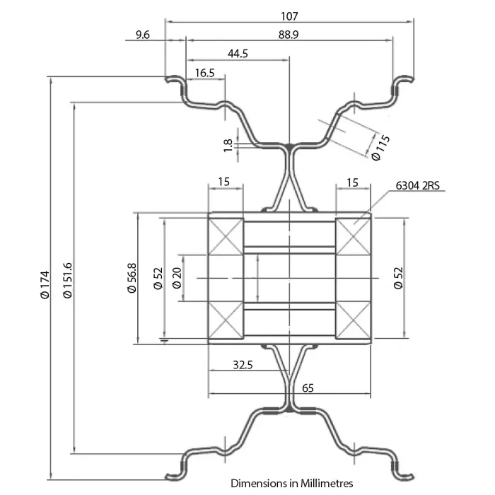 15x6.00-6 Grass Lawnmower Wheel 65mm Hub, 4-ply P332 Tyre on Rim 20mm Bearings