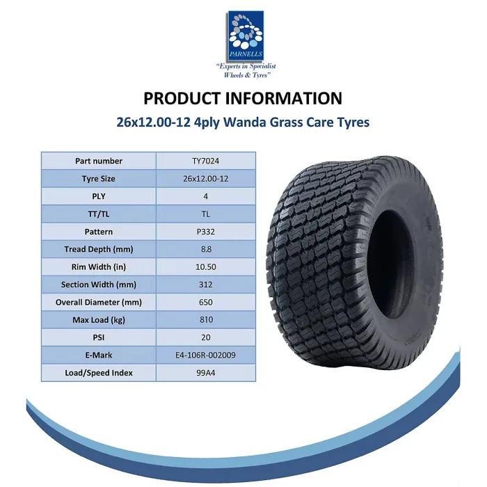 26x12.00-12 Lawnmower Tyres 4-ply Turf Grass P332 Journey Road Legal (Set of 3)
