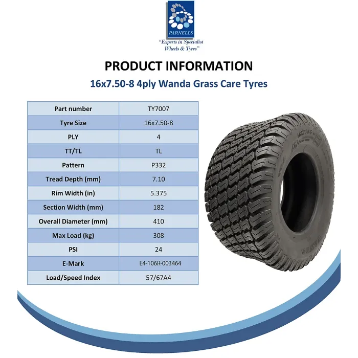 16x7.50-8 Grass Lawnmower Wheel 4ply P332 Tyre Steel Rim 25mm Bearing (Set of 2)