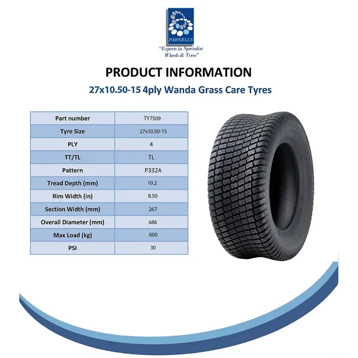 27x10.50-15 Lawnmower Tyres 4-ply Multi Turf Grass P332A Wanda 600kgs (Set of 4)