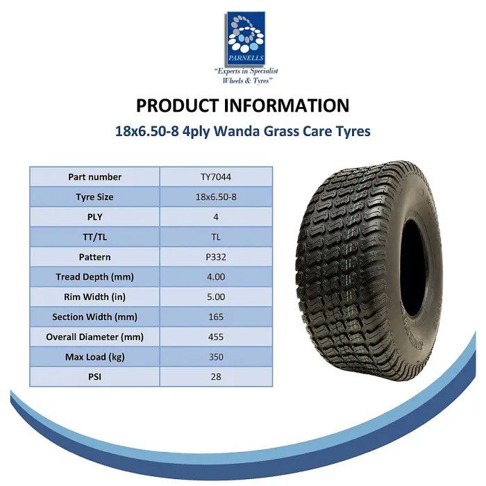 18x6.50-8 Lawnmower Grass Tyre On Rim 4Ply Wanda P332 4x100mm PCD Rim (Set of 4)