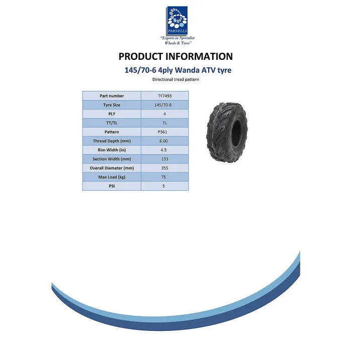 145/70-6 ATV tyre Quad trailer kids wheels 50cc 90cc 110cc 75 kgs Wanda.