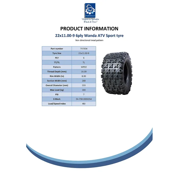 22x11.00-9 Slasher ATV quad tyre Wanda Race tyres E marked road legal WP02 6ply