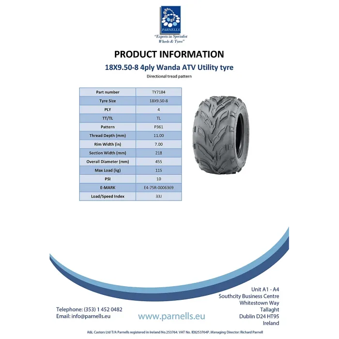 18x9.50-8 ATV Quad Tyres Wanda P361 Dirt Trail E-Marked Road Legal (Set of 3)