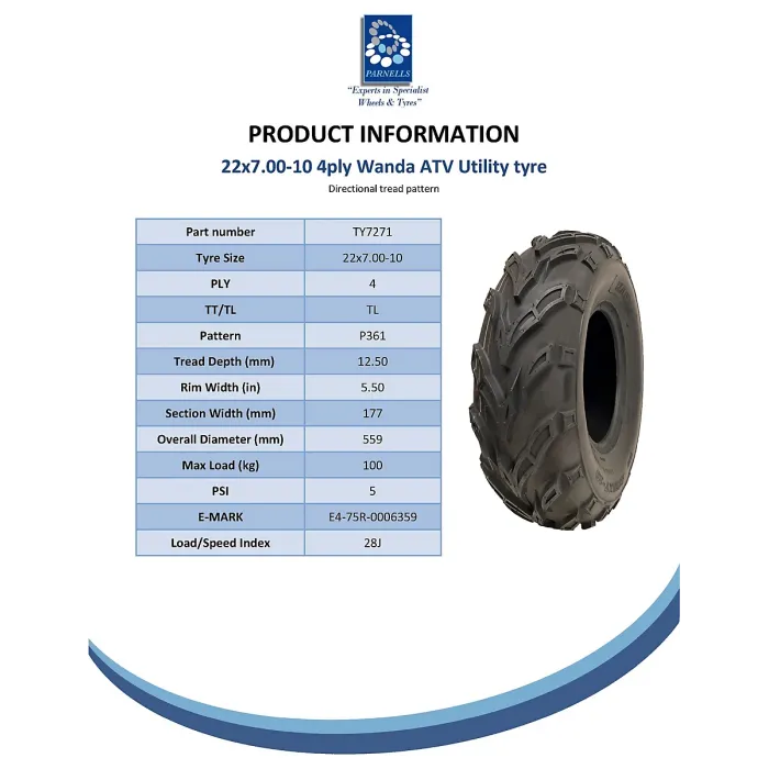 22x7.00-10 ATV Quad Tyres Wanda P361 Dirt Trail E-Marked Road Legal (Set of 2)