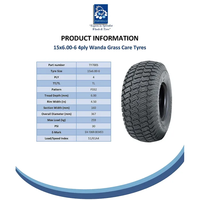 15x6.00-6 Lawnmower Grass Tyres Turf Ride On Mower Tubeless P332 4ply (Set of 4)