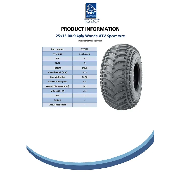 25x13.00-9 Quad ATV Tyres Wanda P308 Tubeless 4ply Hard Wearing 243kg (Set of 3)