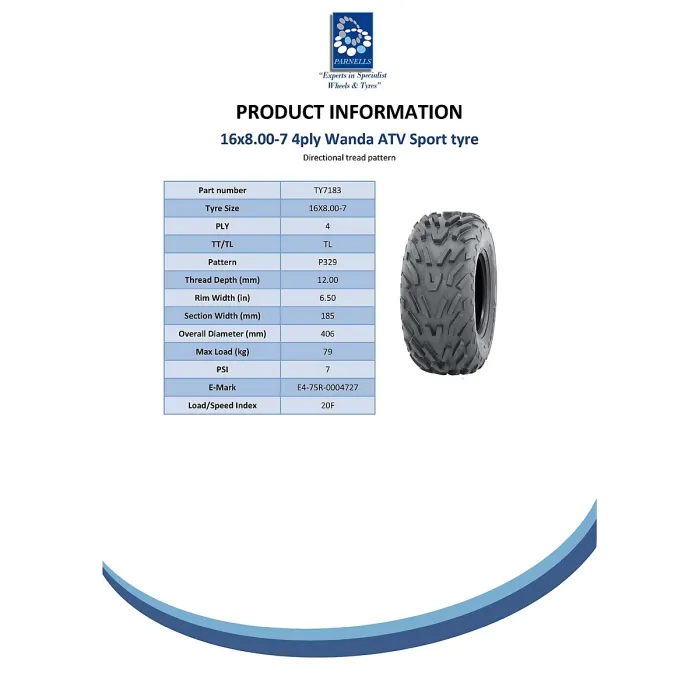 16x8.00-7 Quad ATV Tyres 4-ply Wanda P329 E-Marked Road Legal 80kgs (Set of 2)