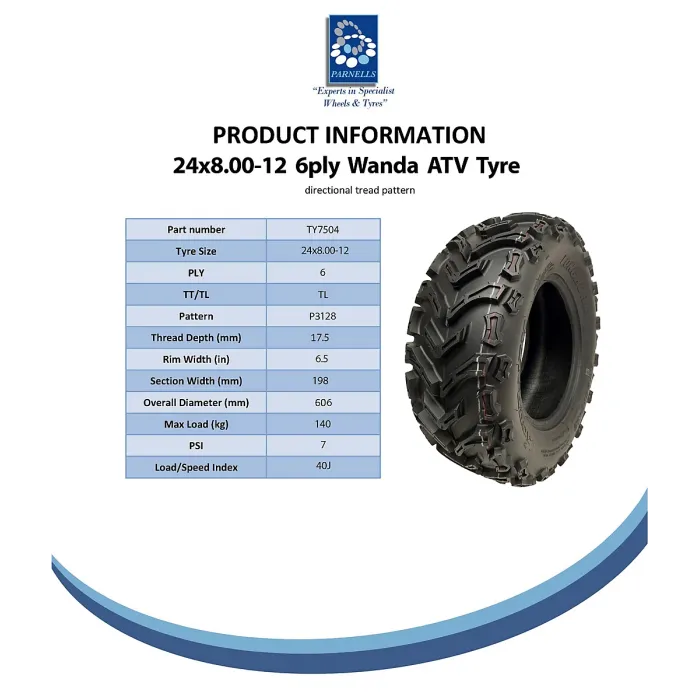 24x8.00-12 Quad ATV Tyres 6ply Wanda P3128 E-Marked Road Legal 40J (Set of 3)