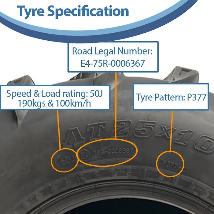 25x10.00-12 ATV Quad Tyre 6ply 7psi Wanda P377 E Marked Road Legal Tubeless 50J