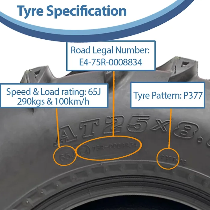 25x8.00-12 ATV Quad Tyres 6ply 14psi Wanda P377 Road Legal Tires 65J (Set of 3)