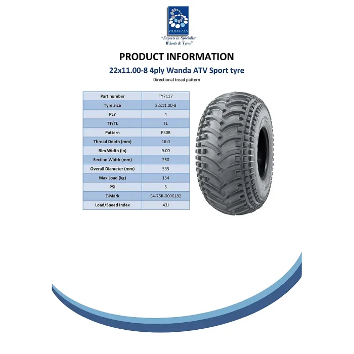 22x11.00-8 ATV Quad tyre Wanda P308 E-Marked Road Legal on 4 Stud 100mm PCD Rim