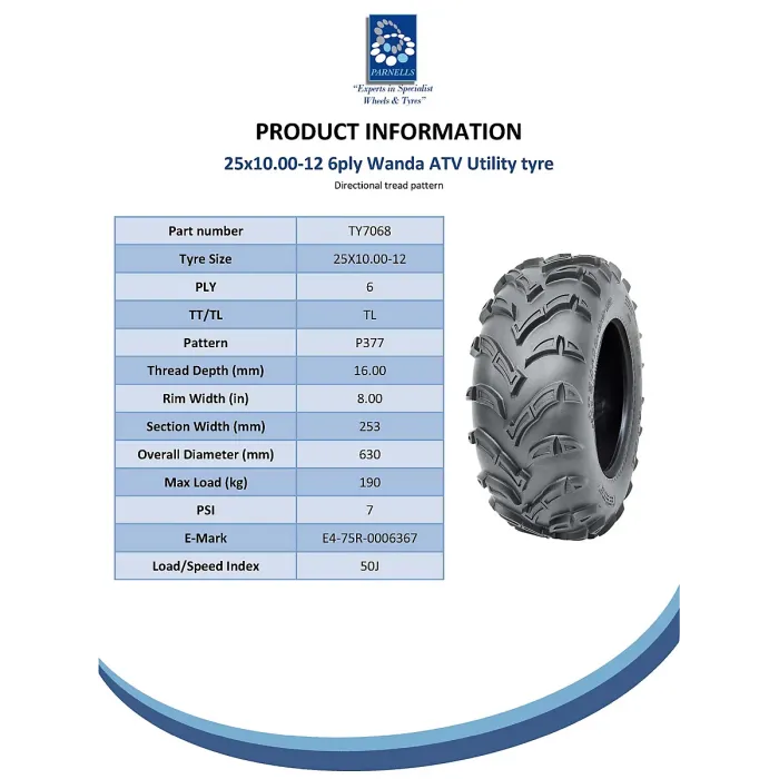 25x10.00-12 ATV Quad Tyres 6ply Wanda P377 E-Marked Road Legal 50J (Set of 4)