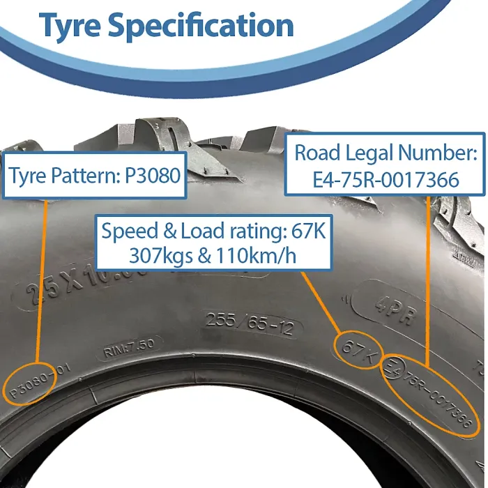 25x10.00-12 (255/65-12) 4ply ATV Tyre P3080 OBOR Pinacle 67K E-Marked Road Legal