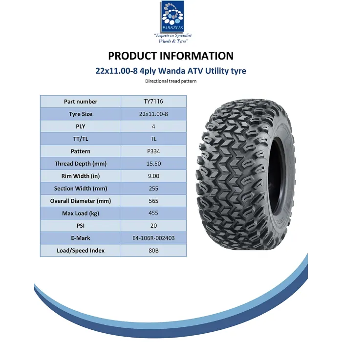 22x11.00-8 Utility ATV Tyres Grass Mower 4ply Road Legal Wanda P334 (Set of 4)