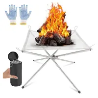 Portable Fire Pit for Outdoor Camping, 42CM Foldable Stainless Steel Mesh Fire Pit with Heat Resistant Gloves & Carrying Bag