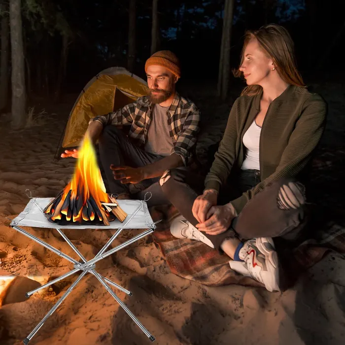 Portable Fire Pit for Outdoor Camping, 42CM Foldable Stainless Steel Mesh Fire Pit with Heat Resistant Gloves & Carrying Bag