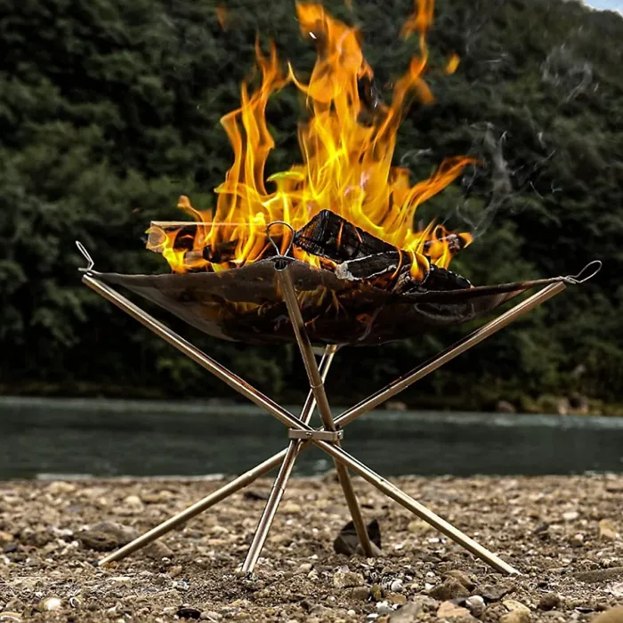 Portable Fire Pit for Outdoor Camping, 42CM Foldable Stainless Steel Mesh Fire Pit with Heat Resistant Gloves & Carrying Bag