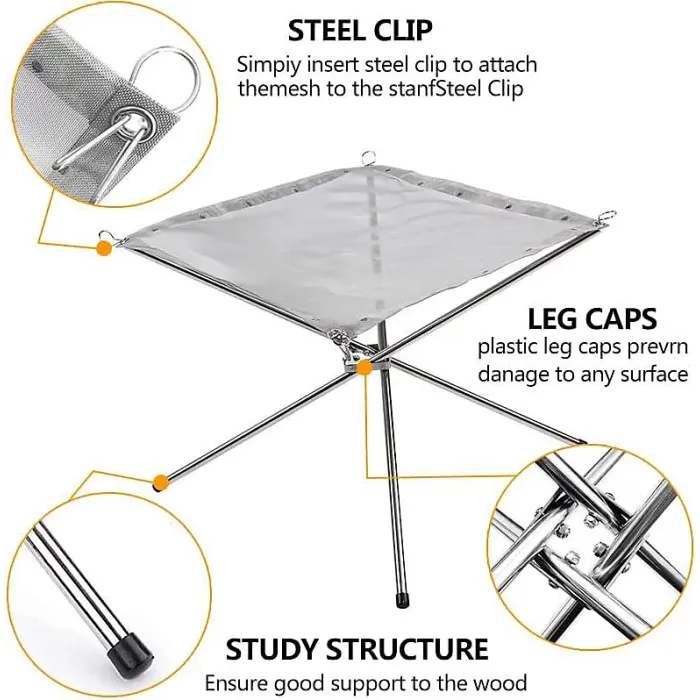 Portable Fire Pit for Outdoor Camping, 42CM Foldable Stainless Steel Mesh Fire Pit with Heat Resistant Gloves & Carrying Bag