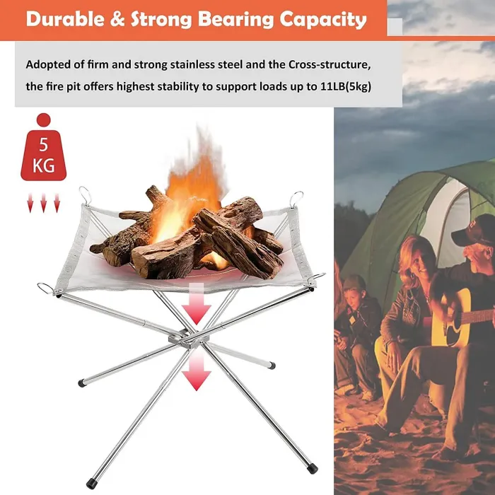 Portable Fire Pit for Outdoor Camping, 42CM Foldable Stainless Steel Mesh Fire Pit with Heat Resistant Gloves & Carrying Bag