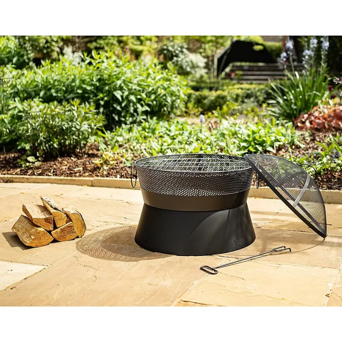Leon Firepit - Outdoor Garden Fire Pit Wood Charcoal Burner with 360 Flame View, Integrated Fuel Gate & Chrome Plated BBQ Grill